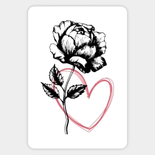 Rose Flower with Heart Black And White Botanical Illustration Magnet